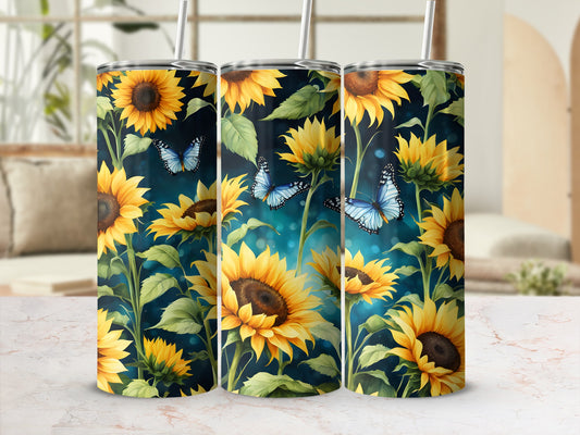 Three tumblers with sunflowers and blue butterflies design.