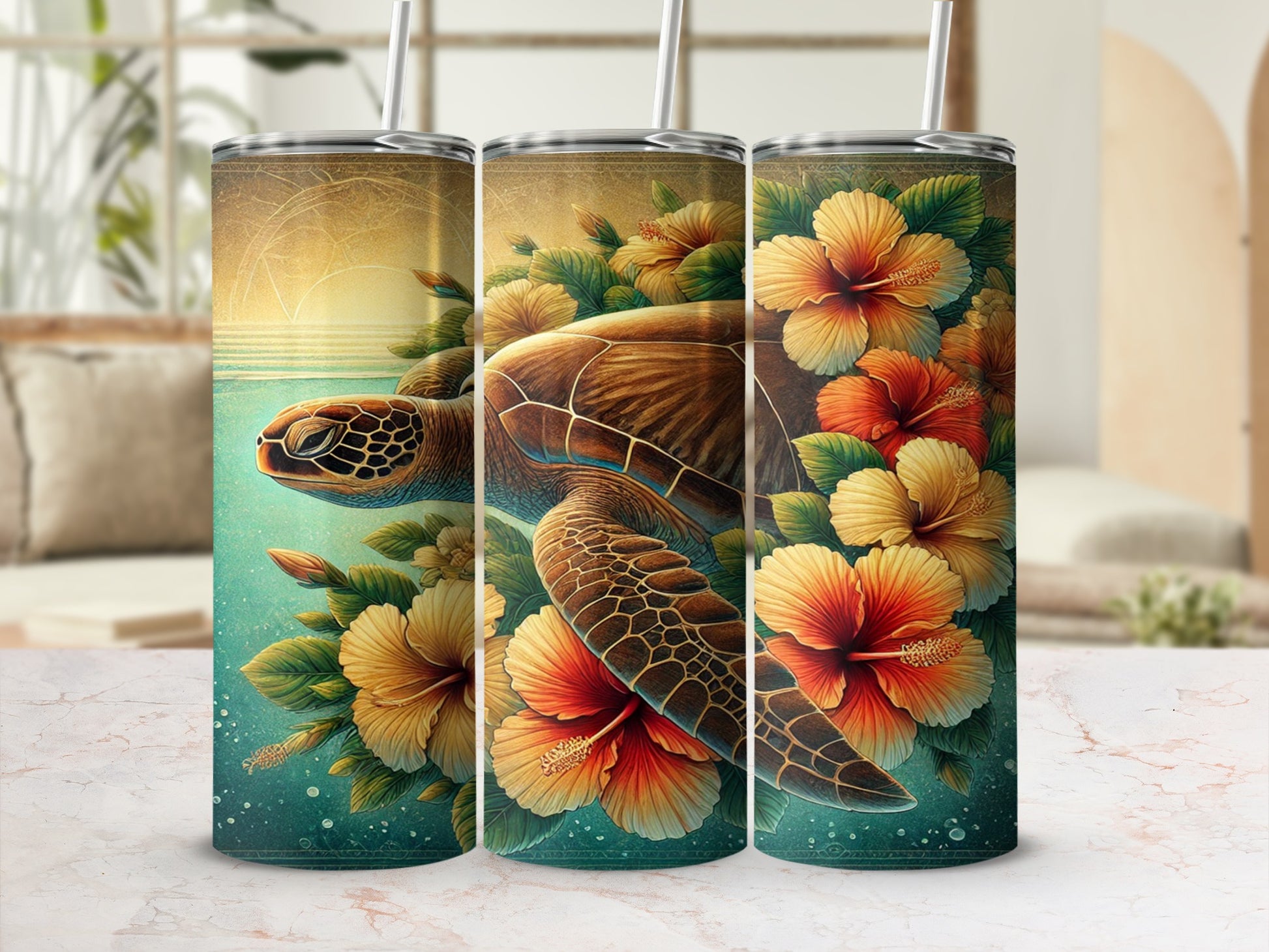 Beautiful Sea Turtle and Hibiscus Floral Tumbler