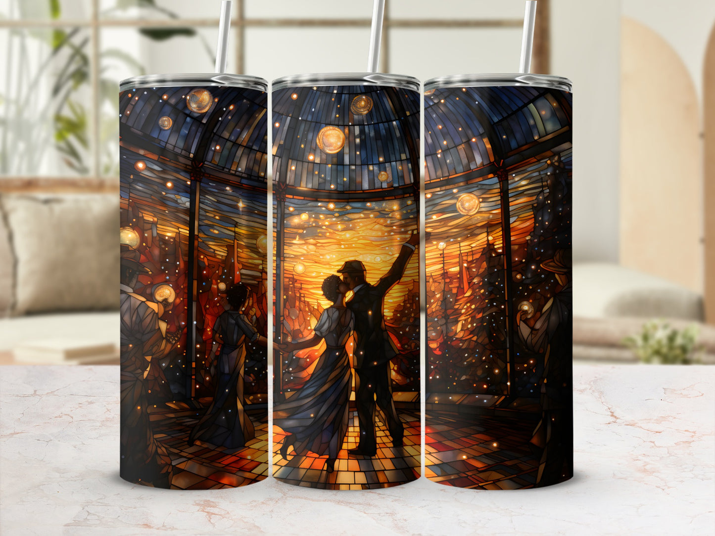 Couple dancing under glowing orbs in a stained-glass style tumbler.