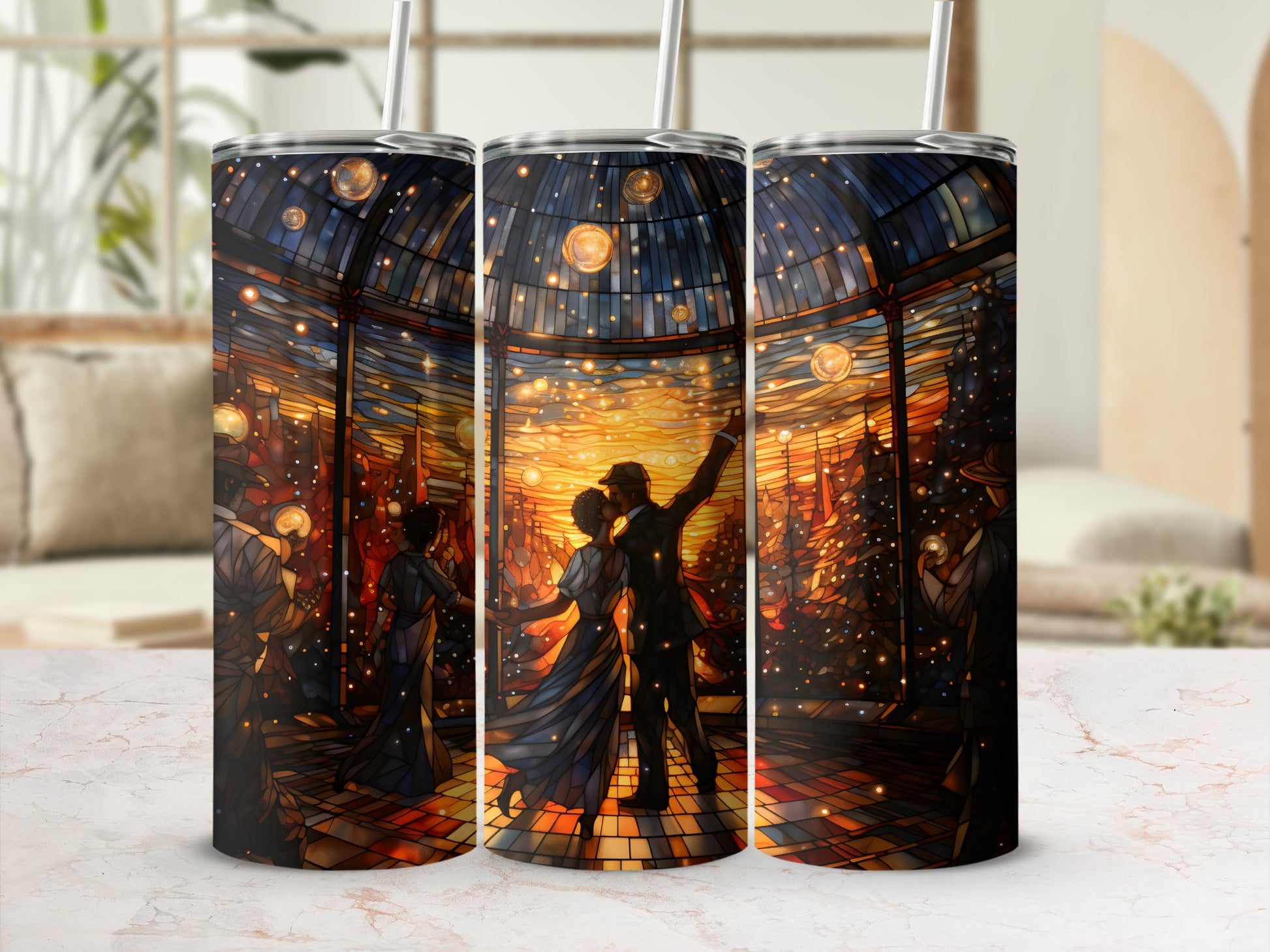 Couple dancing under glowing orbs in a stained-glass style tumbler.