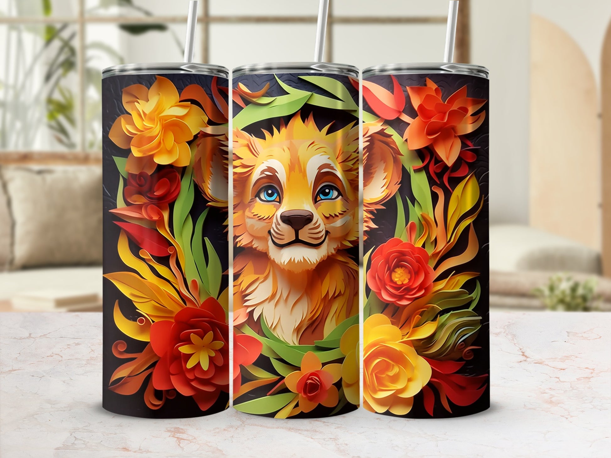 Cute Lion Floral Design Insulated Tumbler Product