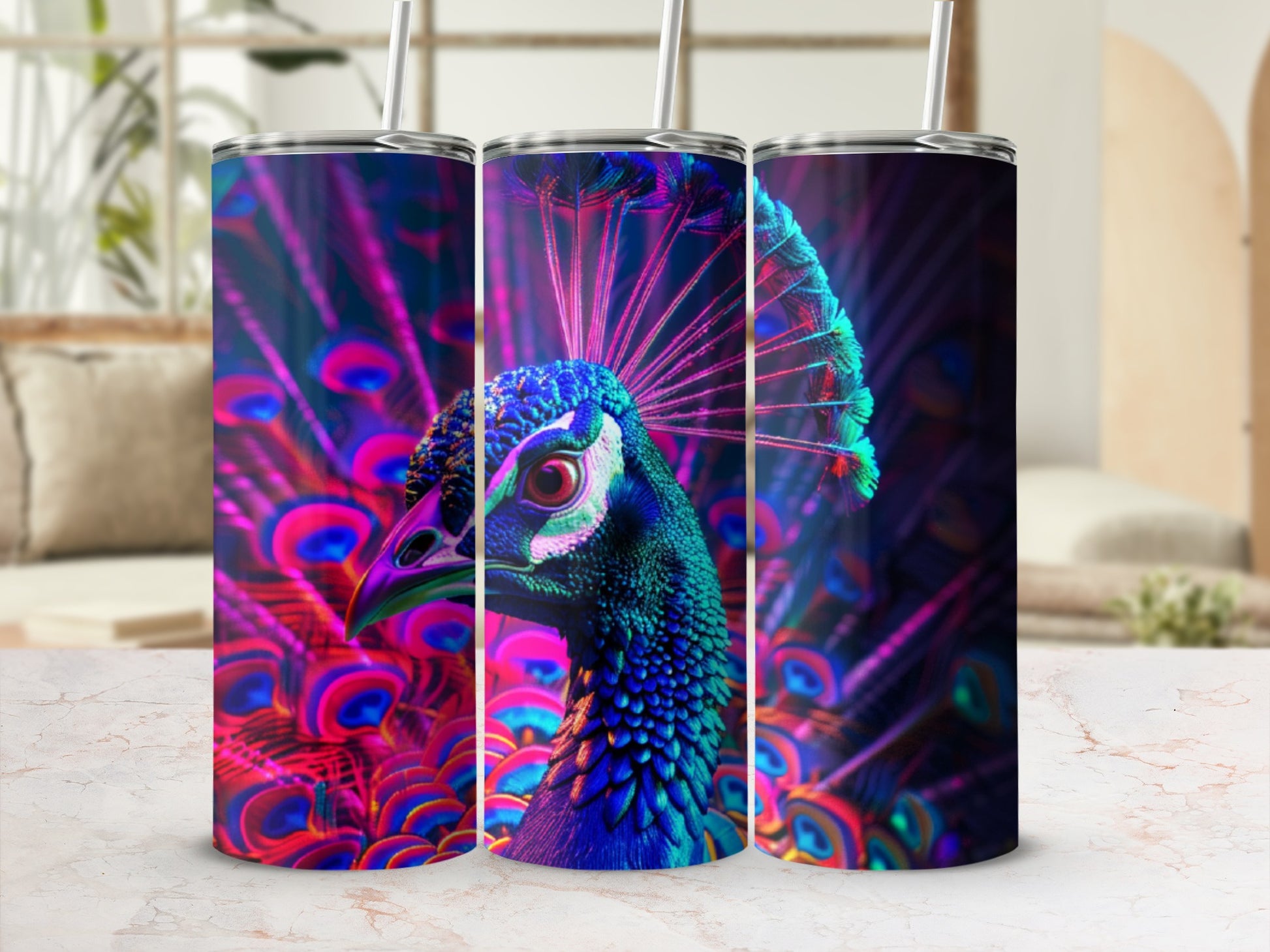 Tumbler with peacock feather design and close-up of a peacock's head.