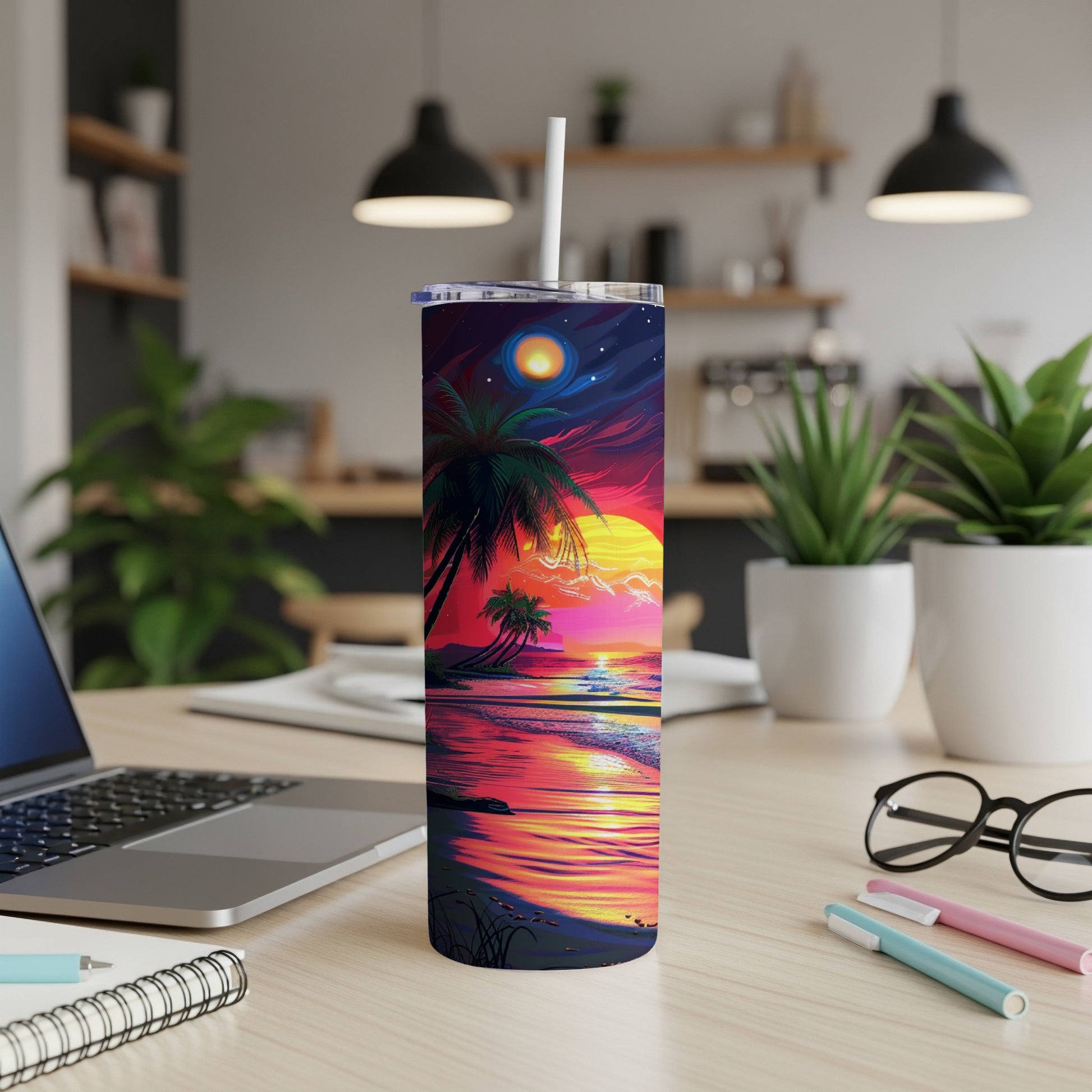 Tall tumbler with sunset beach scene and palm trees.