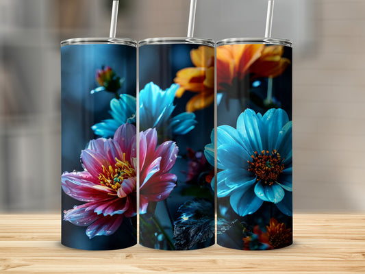 Three tumblers with vibrant floral designs featuring water droplets.