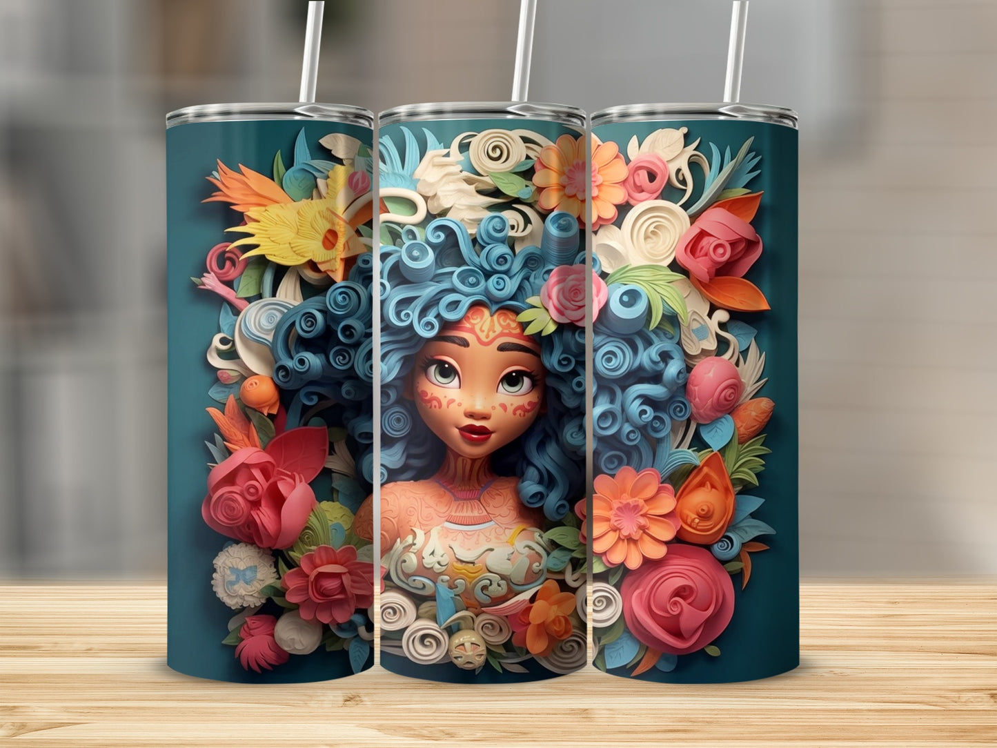 Floral Art Style Tumbler with Lady Face Illustration