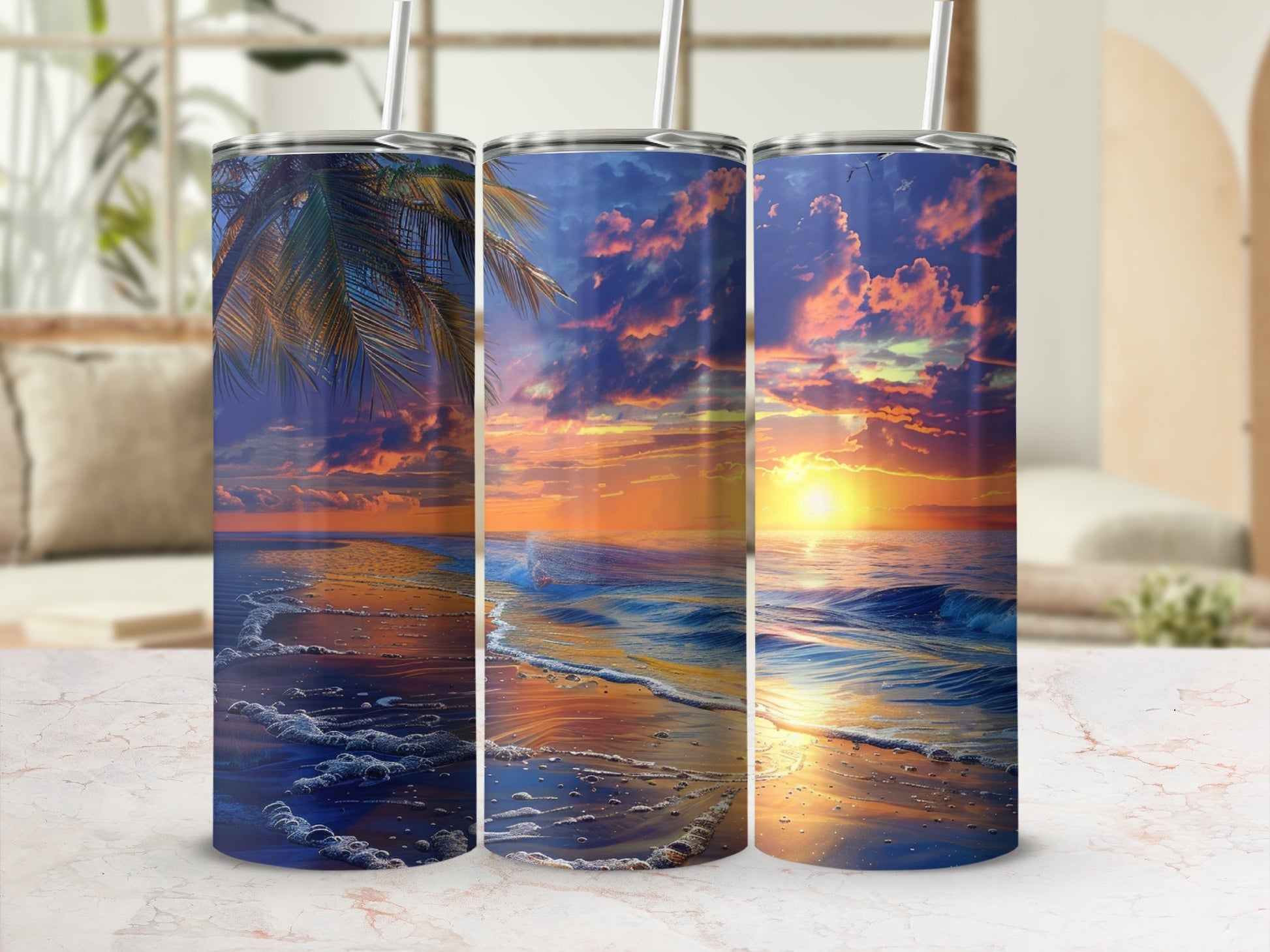 Triptych of a sunset beach scene with palm trees and ocean waves.