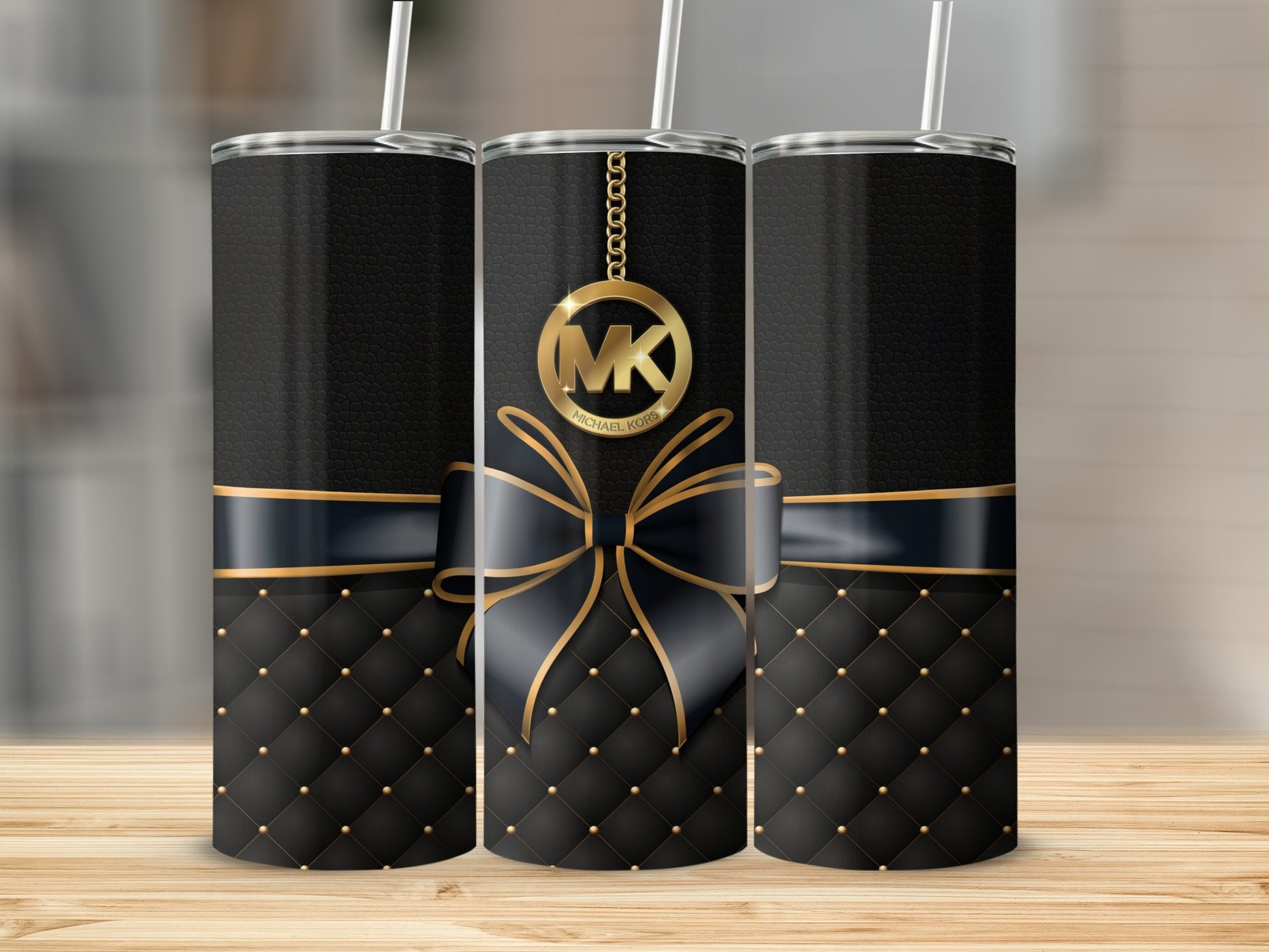 Black and Gold Quilted Design with Bow Tumbler