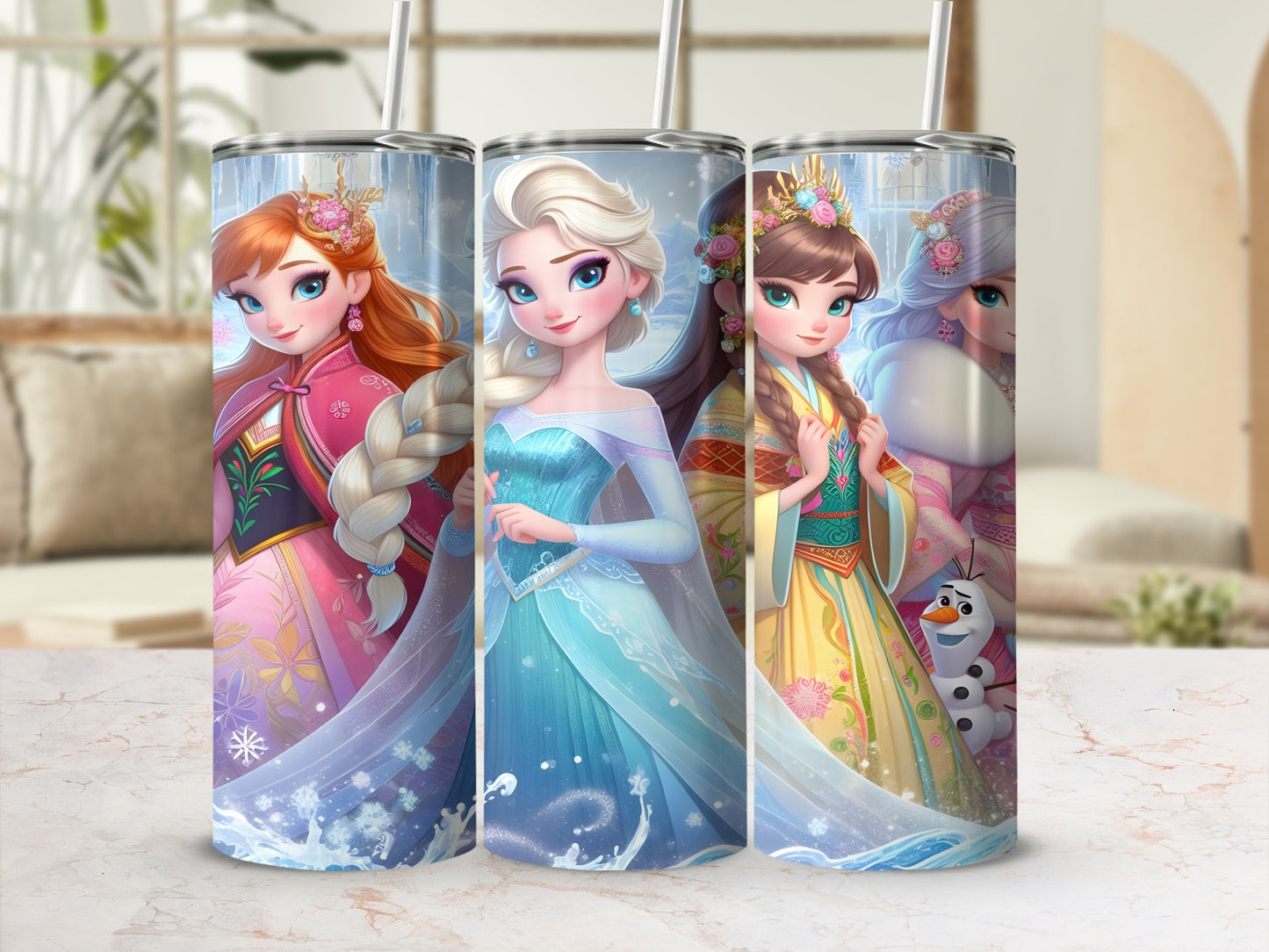Elsa, Anna, and Olaf on a decorative tumbler with snowflake accents.