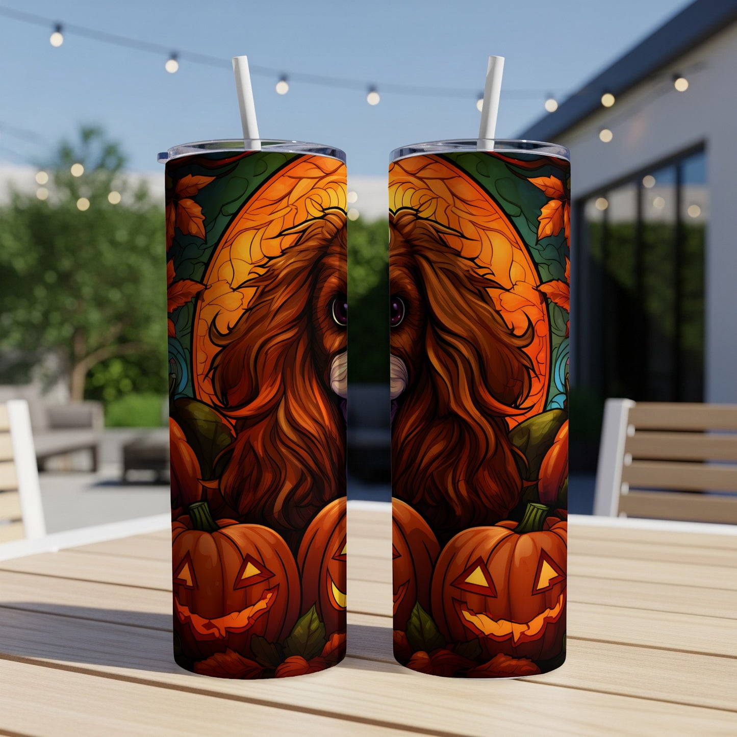 Two tumblers with a spooky dog and pumpkin stained-glass design.