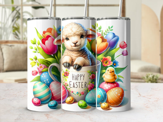 Easter tumbler with sheep, chick, and colorful eggs surrounded by flowers.