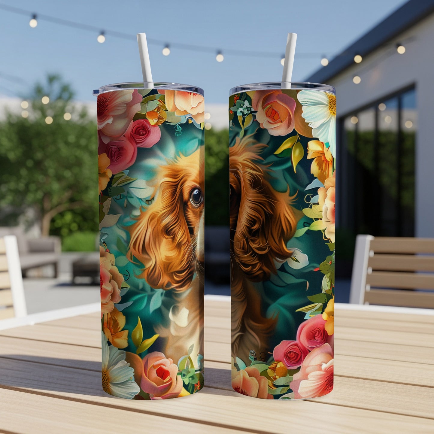 Dog portrait surrounded by floral elements on two tumblers.