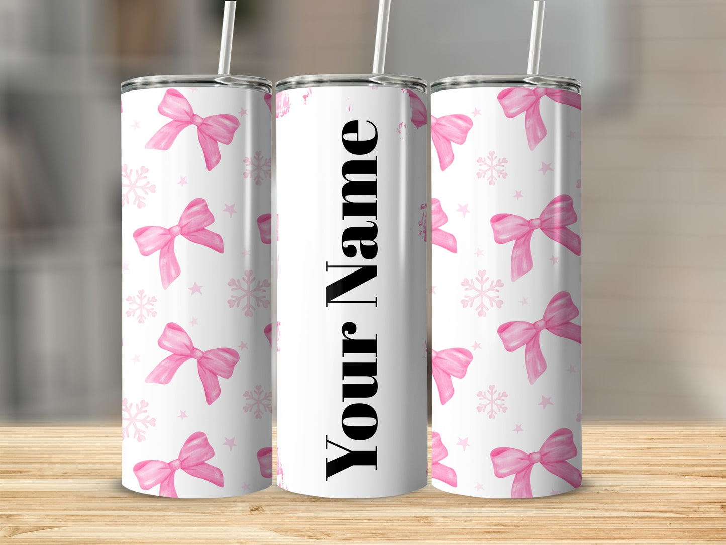 Personalized Tumbler with Pink Bows and Snowflakes Design