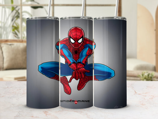 Spiderman character in a crouched pose on a grey background.
