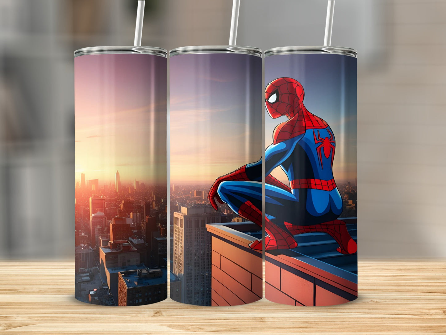 Spiderman perched on a skyscraper rooftop overlooking a city at sunset.