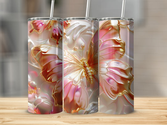 Three iridescent tumblers with a raised butterfly and floral design.
