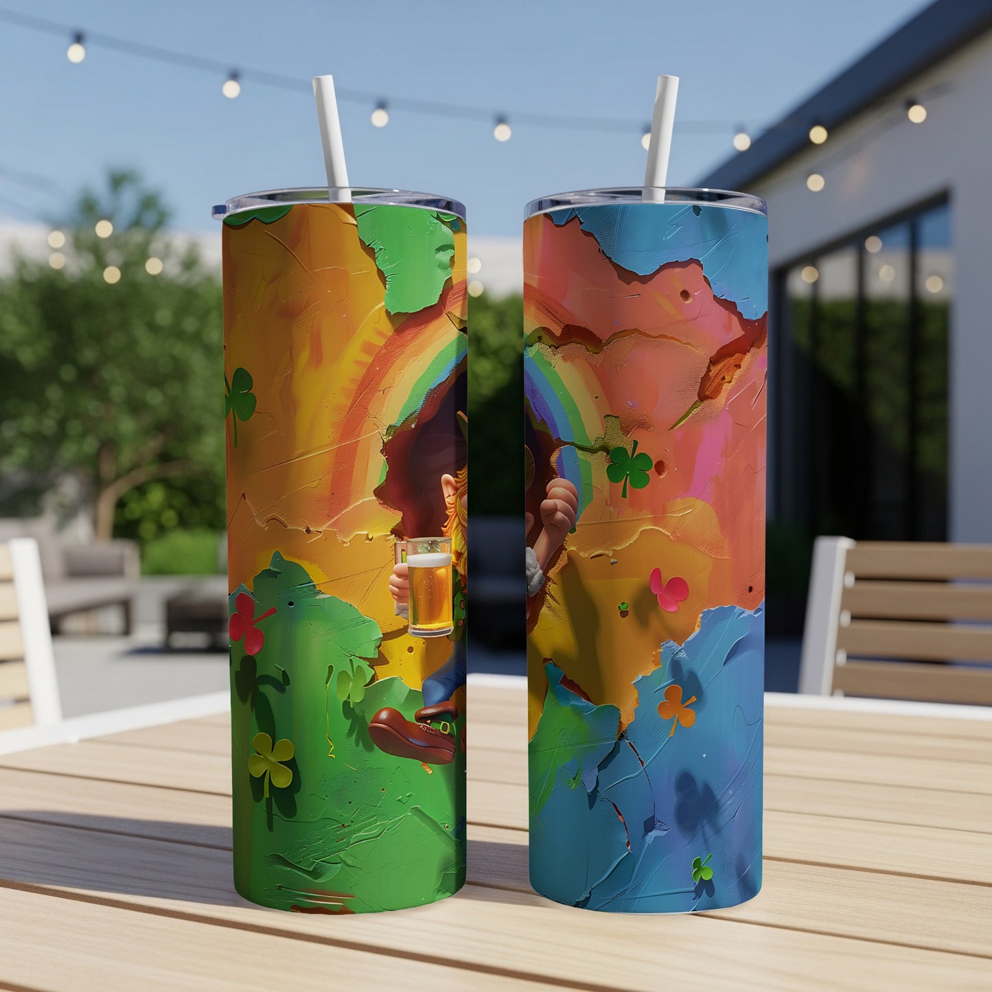 Two St. Patrick's Day themed tumblers with leprechauns, shamrocks, and a rainbow.