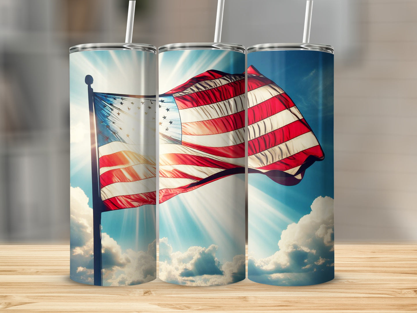 American flag waving in the sun, printed on three tumblers.