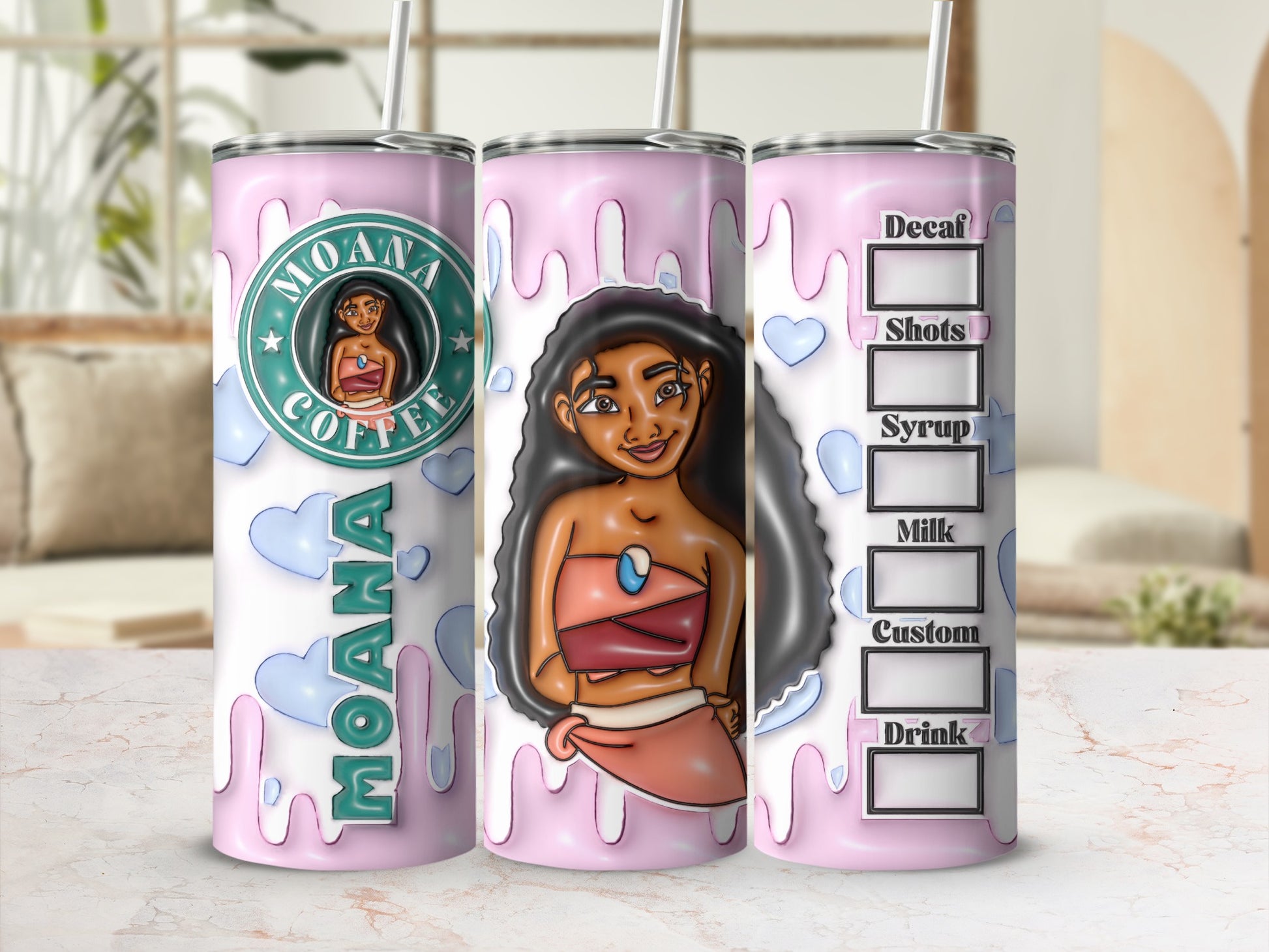 Moana Coffee Design Tumbler with Heart Accents