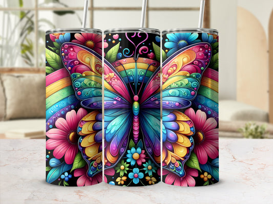 Rainbow butterfly and floral design on three tumblers.
