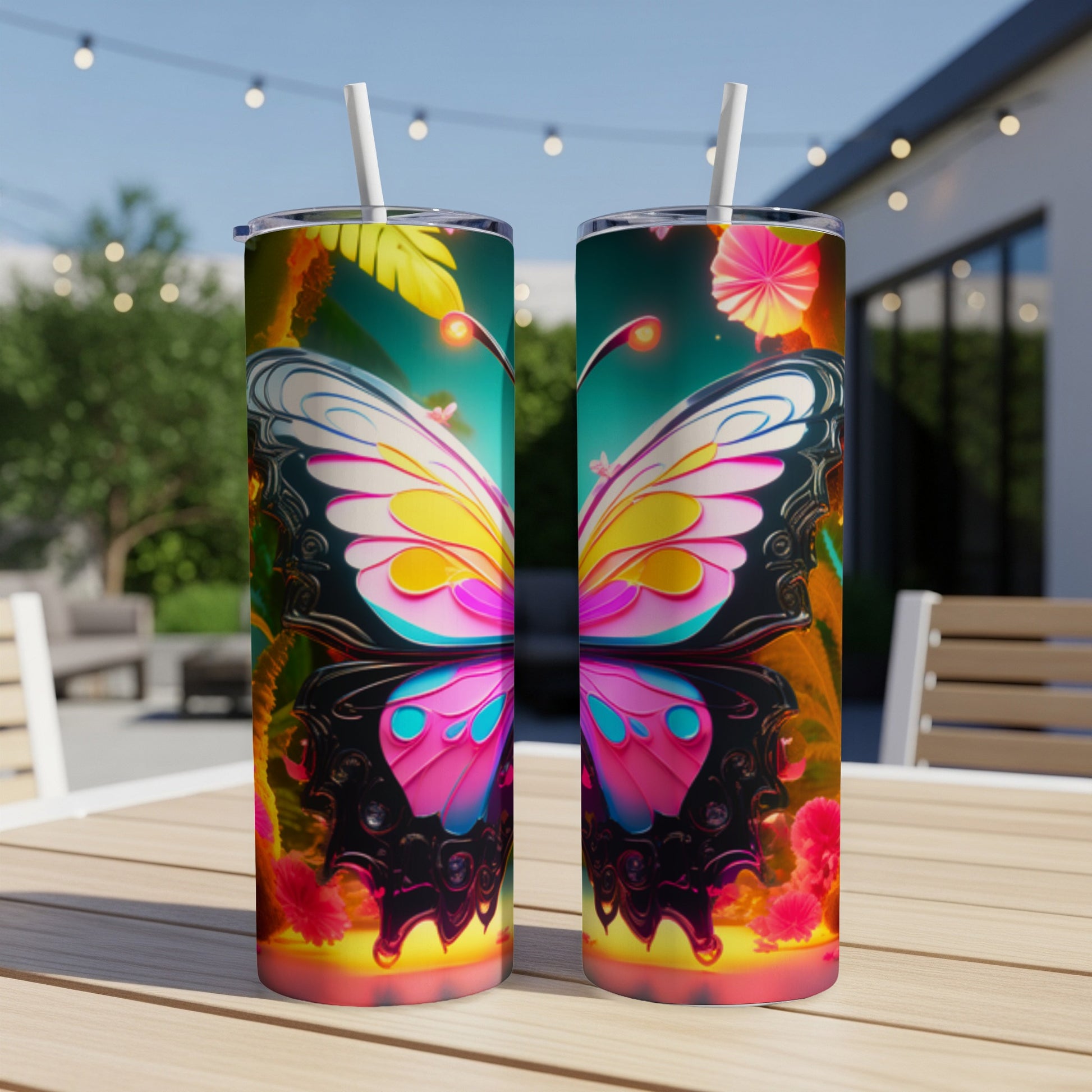 Two tumblers with vibrant butterfly wing designs on an outdoor table.
