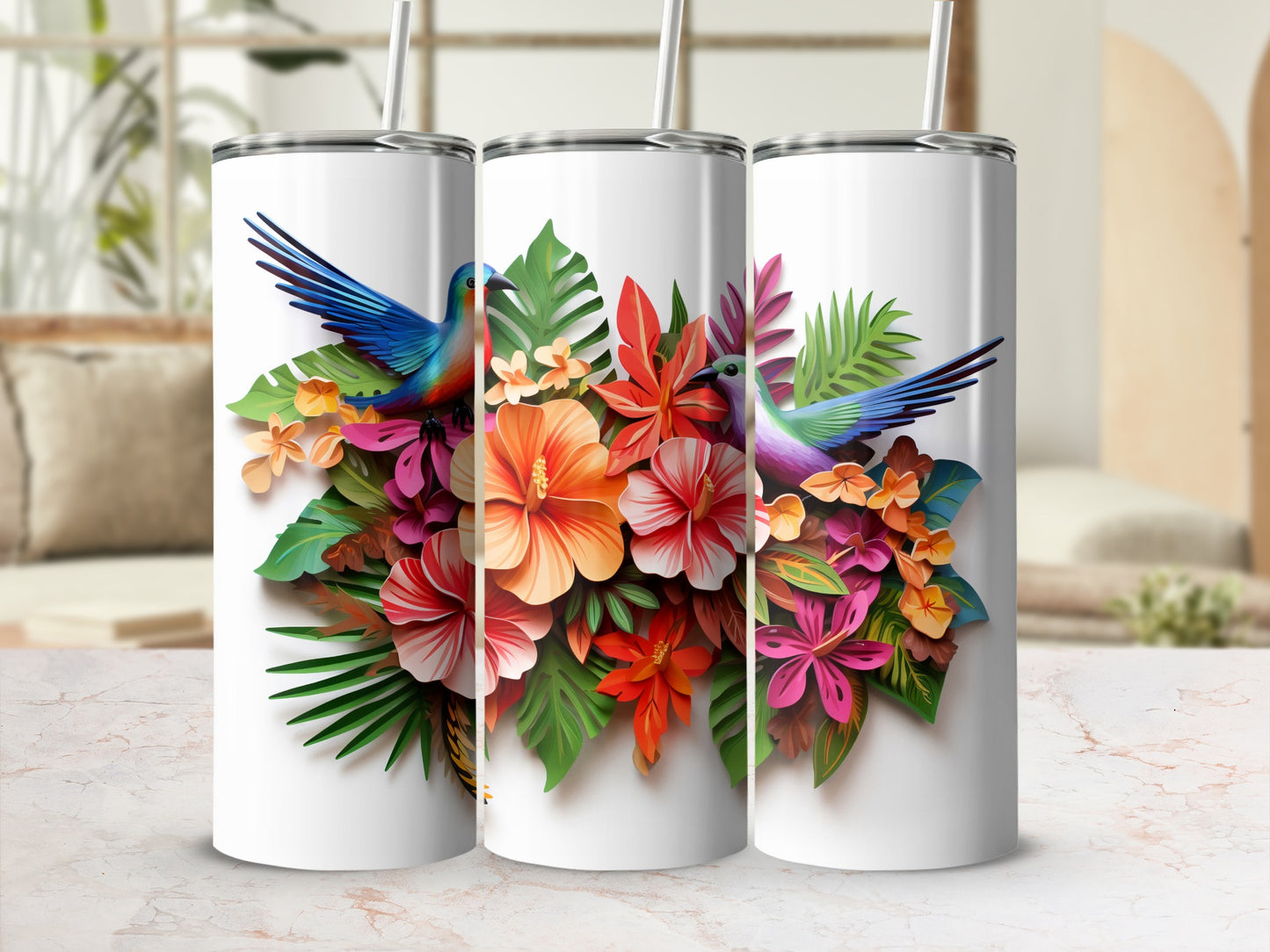 Vibrant Floral Hummingbird Design Insulated Tumbler