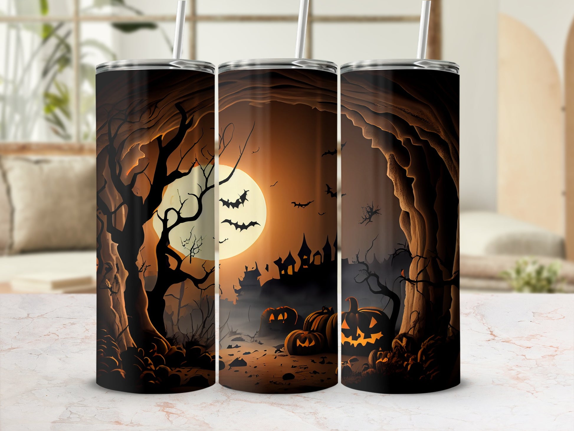 Three tumblers with Halloween forest scene, full moon, bats, and carved pumpkins.