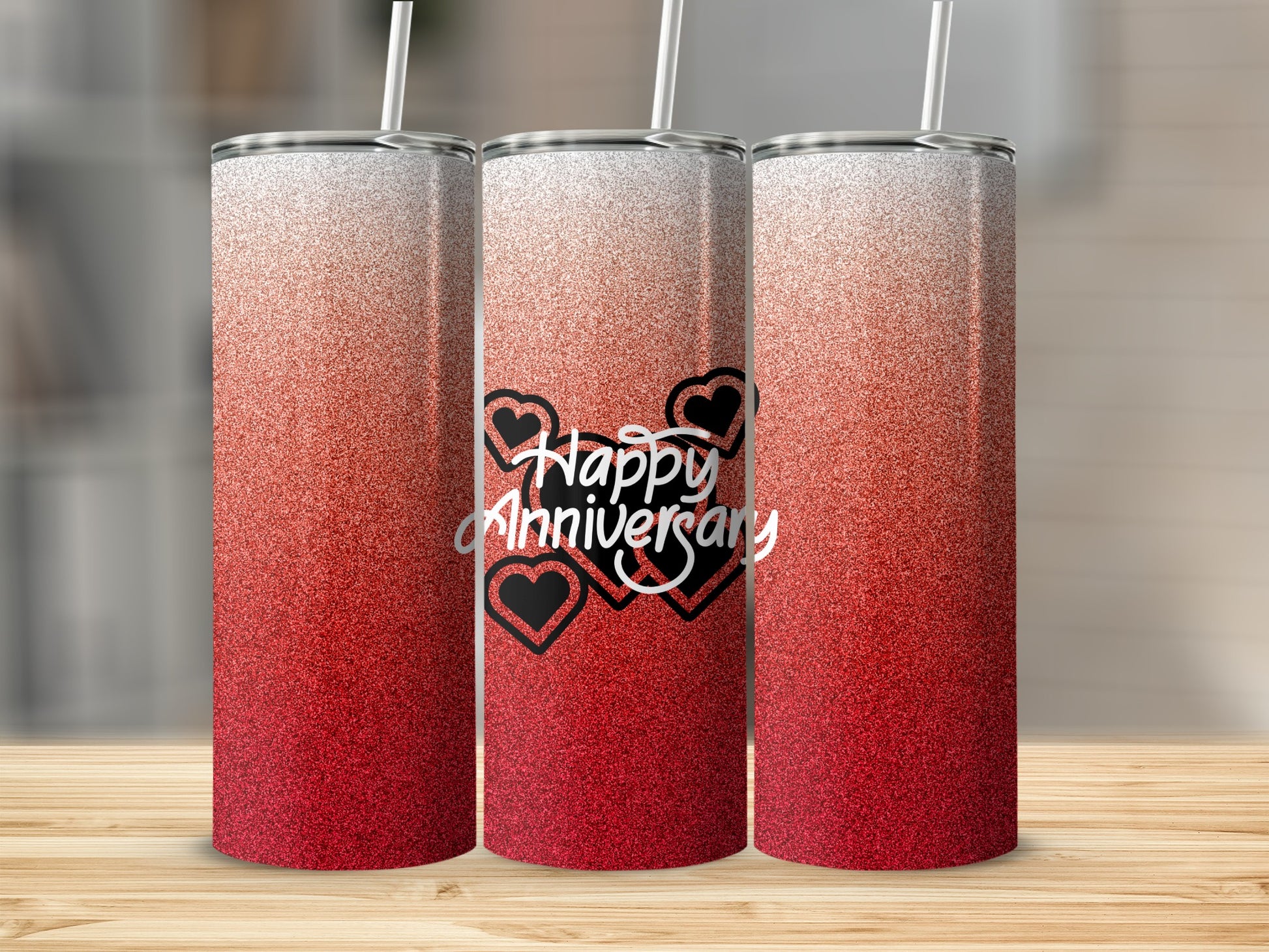 Red and white glitter ombre tumbler with "Happy Anniversary" and hearts.