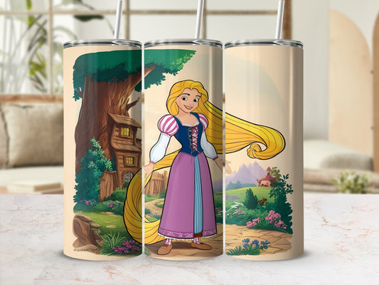 Rapunzel stands in a sunlit meadow with long blonde hair and a purple dress.