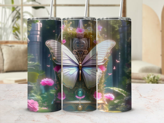 White butterfly and pink flowers on a decorative tumbler design.