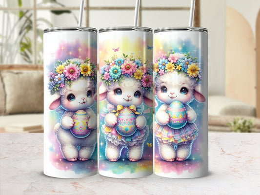 Three watercolor sheep wearing flower crowns, holding Easter eggs.