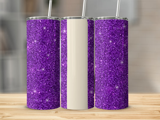 Three purple glitter tumblers with straws stand on a wooden surface.