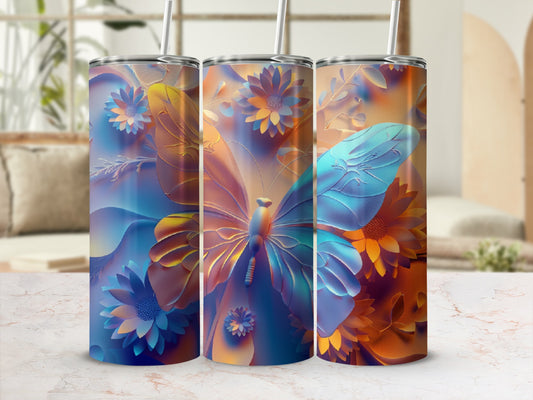 Three tumblers with colorful butterfly and floral designs.