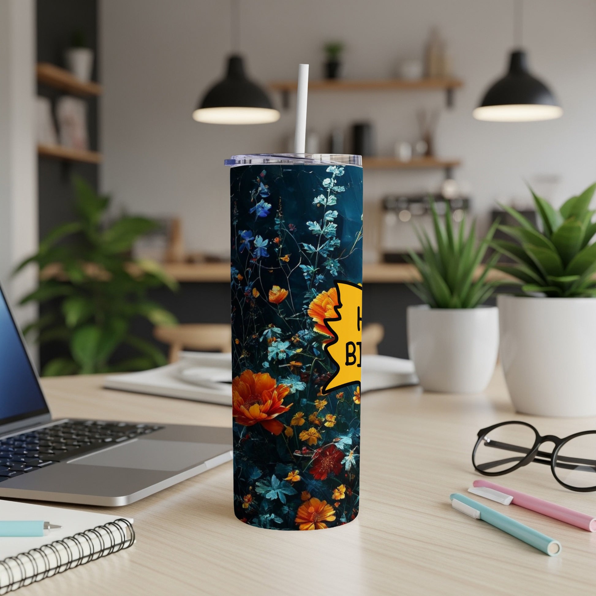 Dark blue tumbler with orange flowers and "Happy Birthday" text.