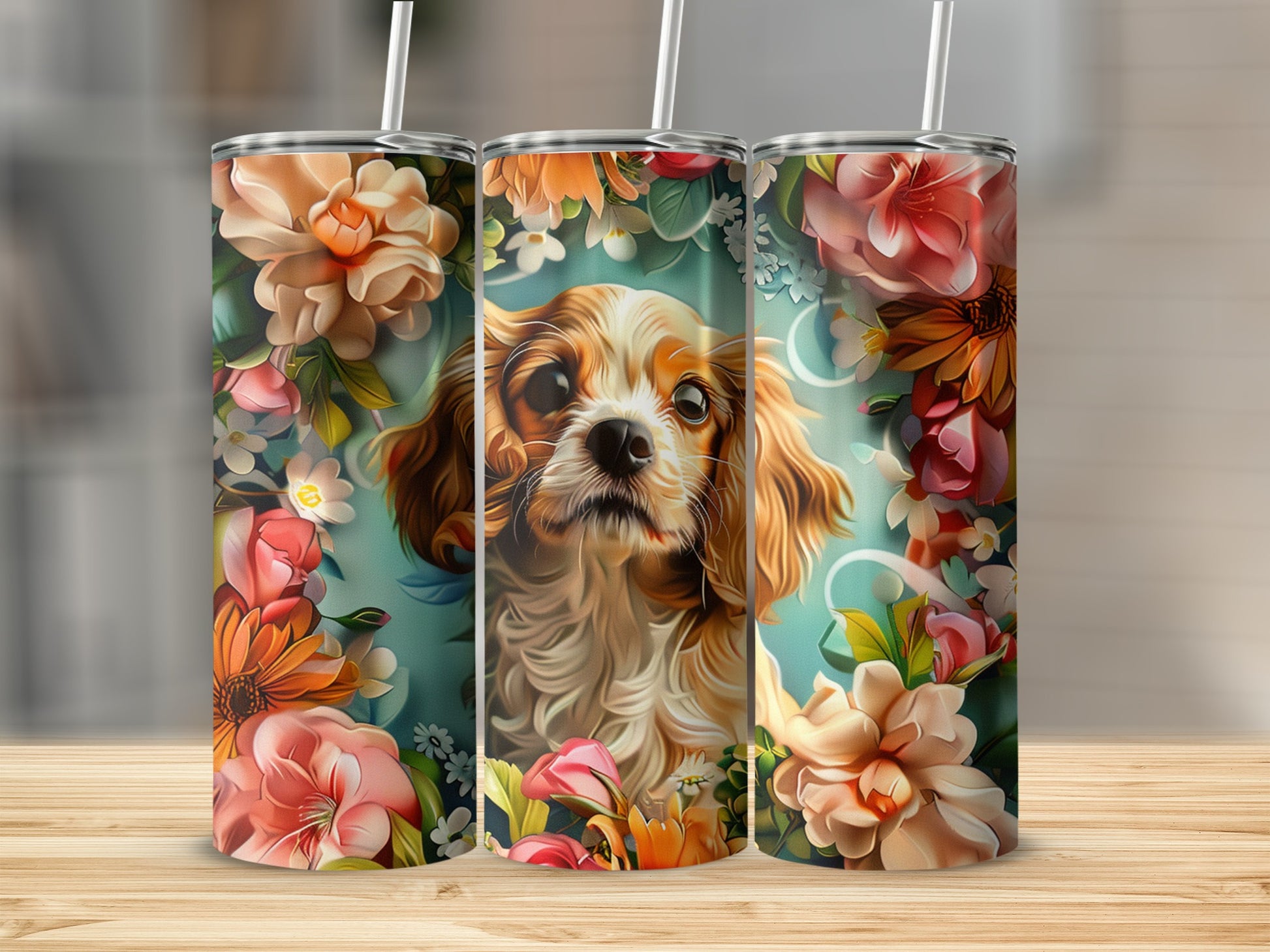 Cavalier King Charles Spaniel surrounded by colorful flowers on three tumblers.