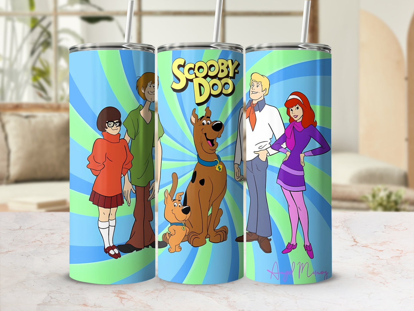 Scooby-Doo and the gang on a spiral blue and green background.