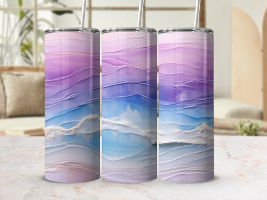 Three tumblers with abstract watercolor designs in purple, blue, and white.