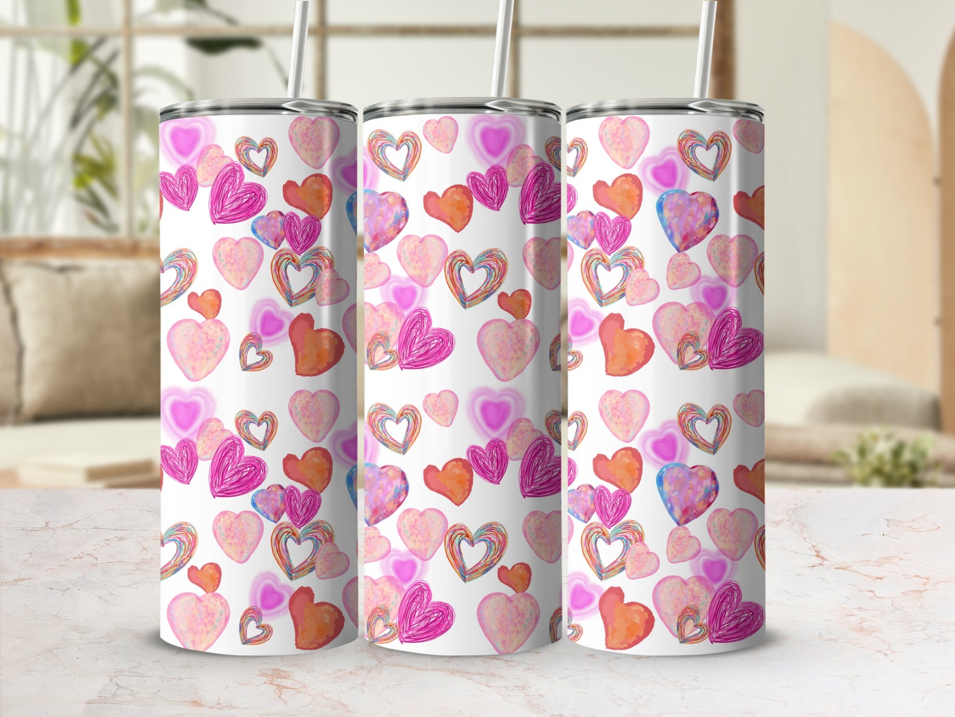 Pink and Orange Watercolor Hearts Tumbler Gift Item