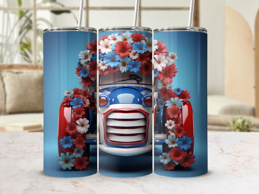 Patriotic car decorated with red, white, and blue flowers.