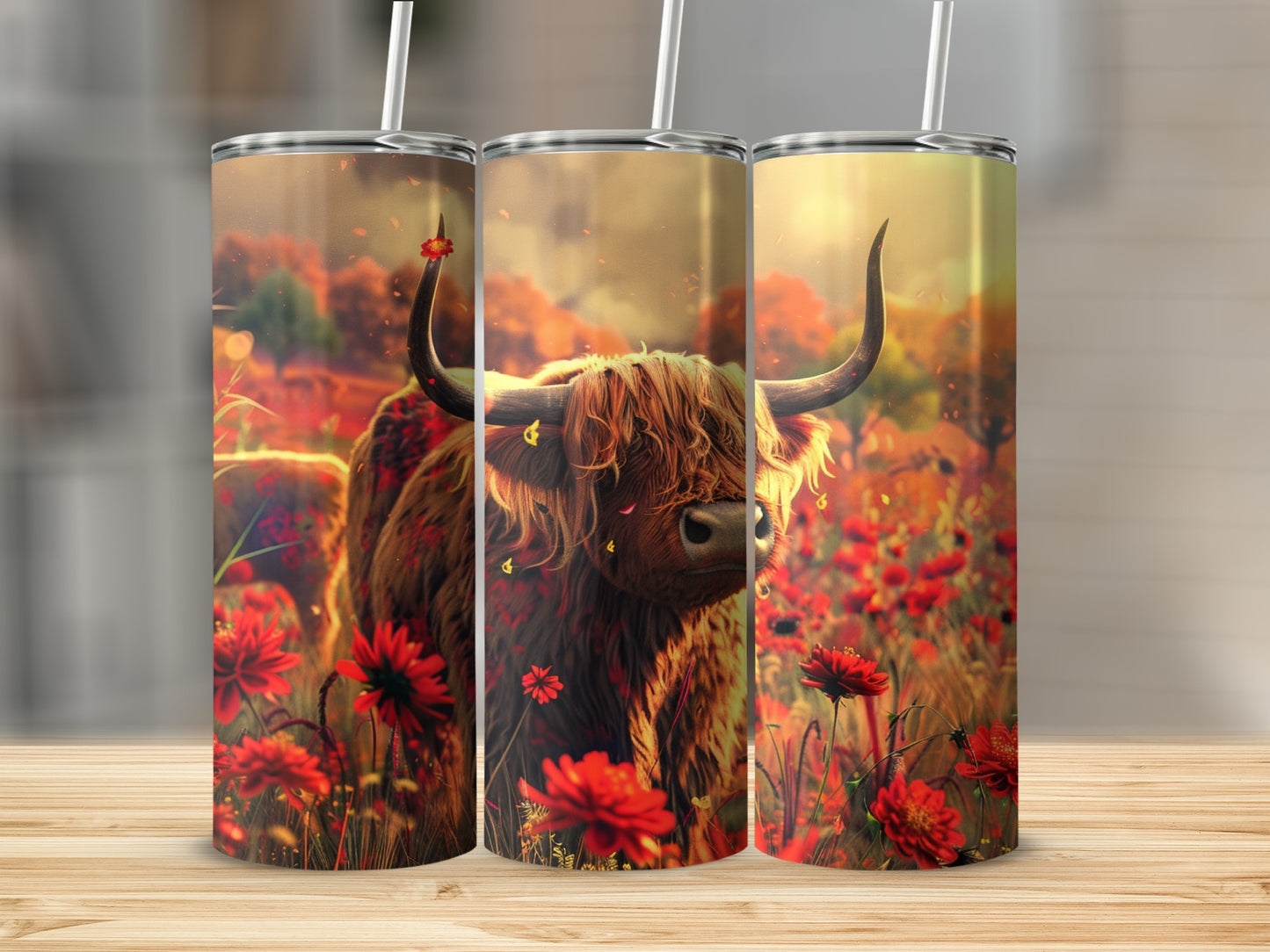 Highland cow surrounded by red poppies in a warm, golden light.