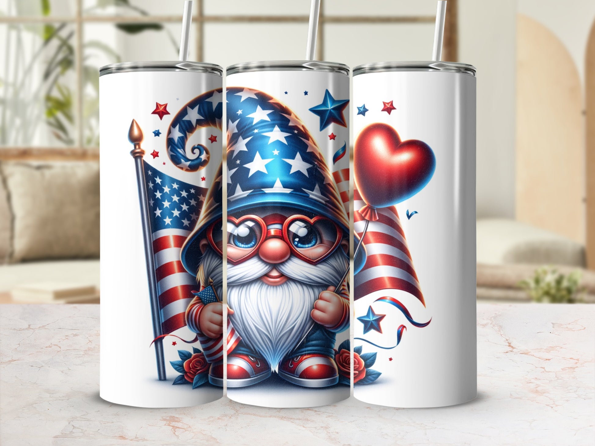 Gnome wearing patriotic hat and glasses holding American flag and balloon.