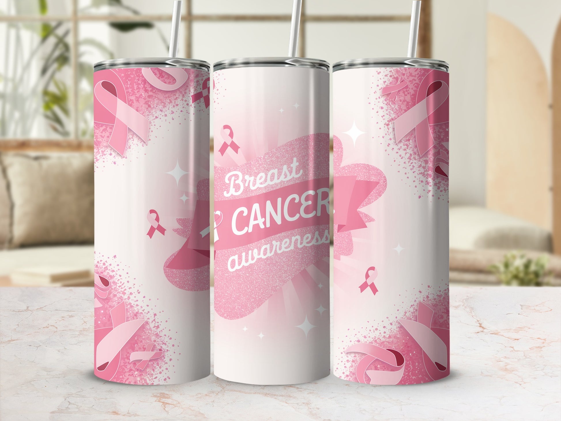 Pink breast cancer awareness tumbler with ribbons and glitter.