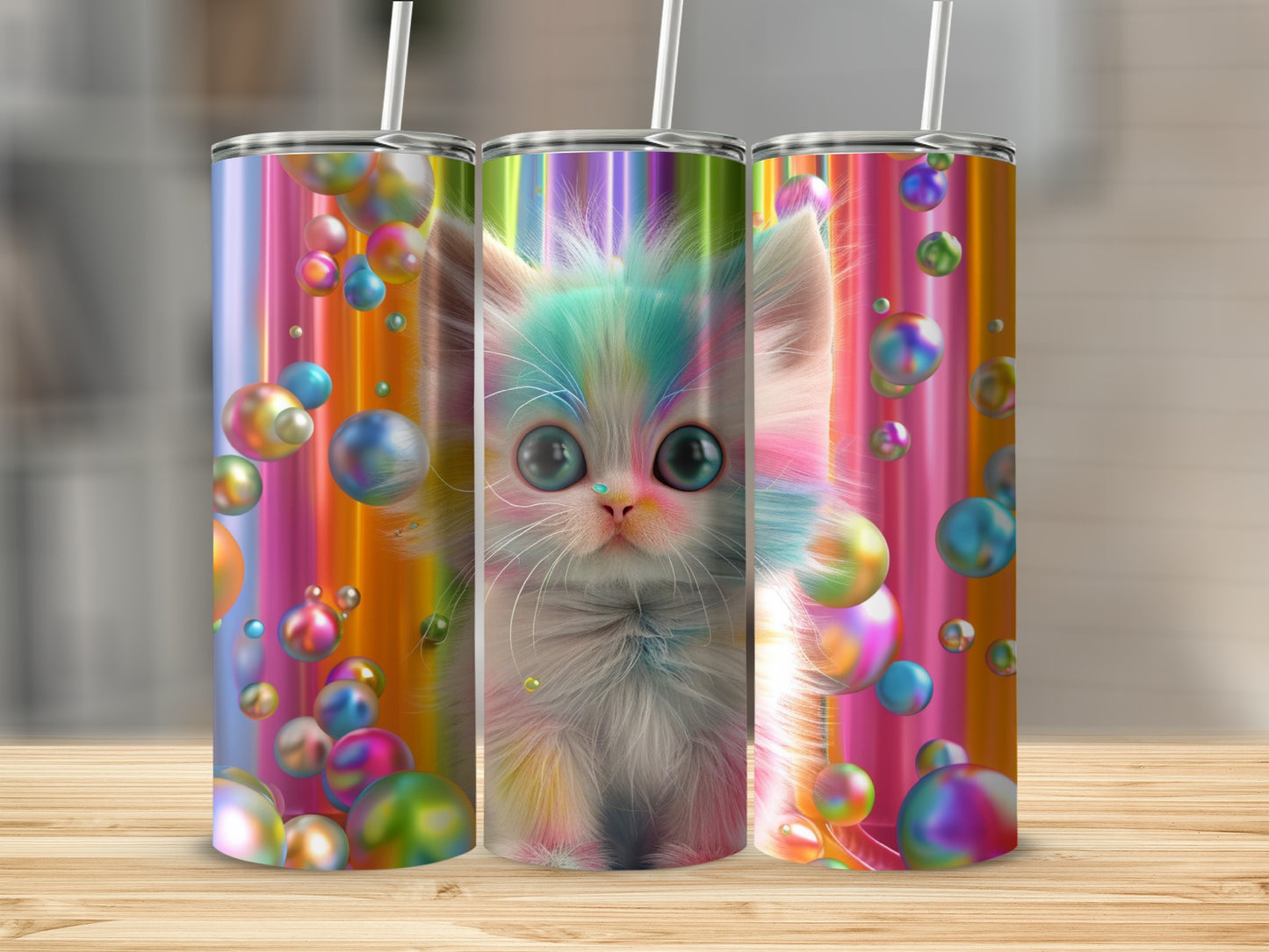 Colorful kitten with large eyes surrounded by iridescent bubbles on a tumbler.