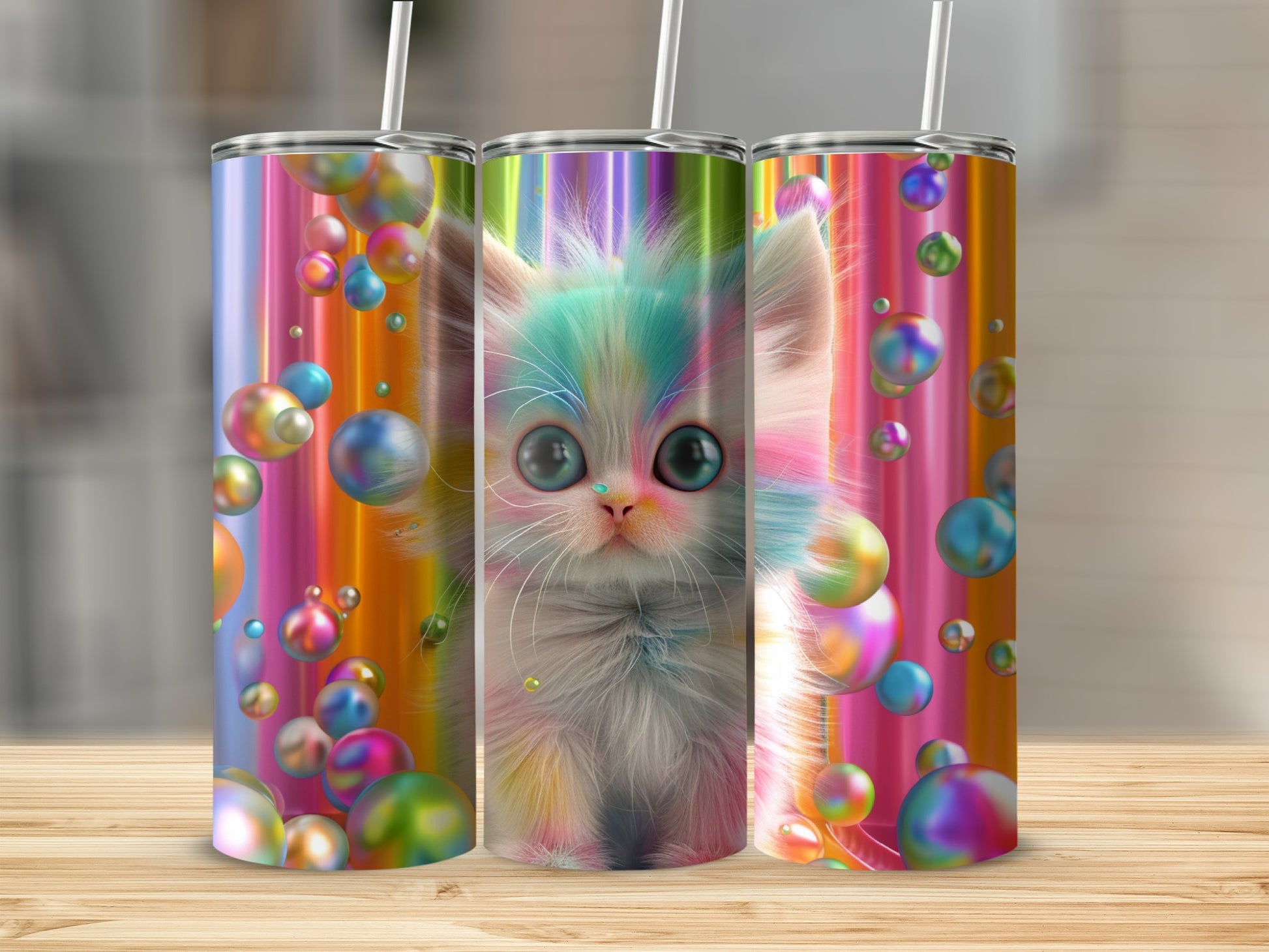 Colorful kitten with large eyes surrounded by iridescent bubbles on a tumbler.