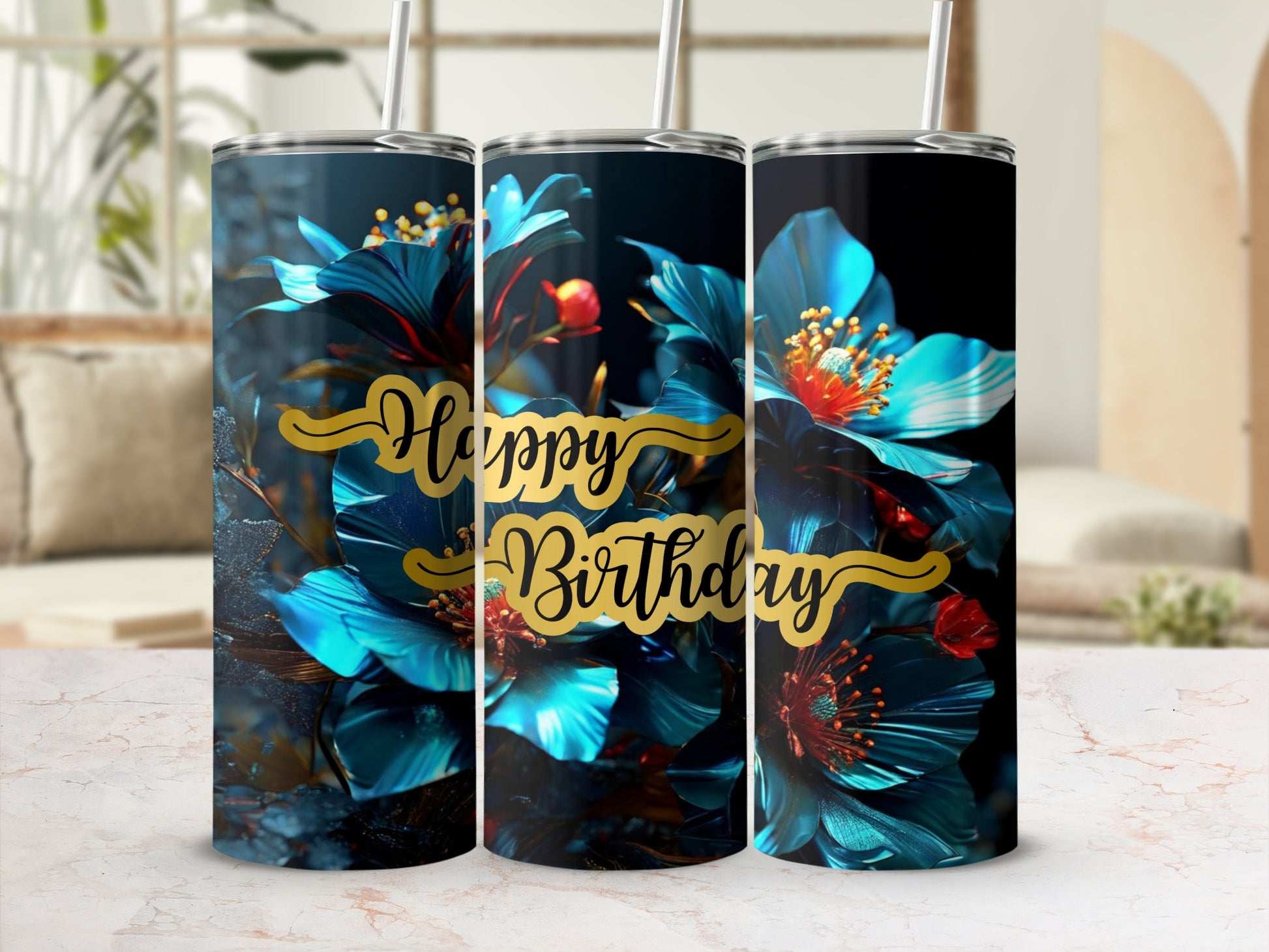 Tumbler with "Happy Birthday" text and blue floral design.