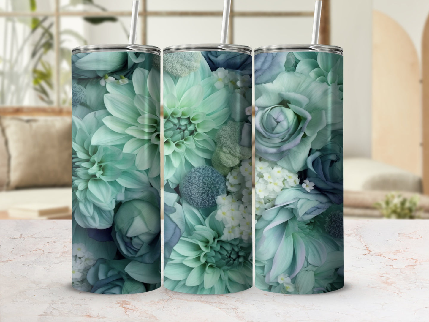 Elegant Green Floral Print Insulated Tumbler Cup