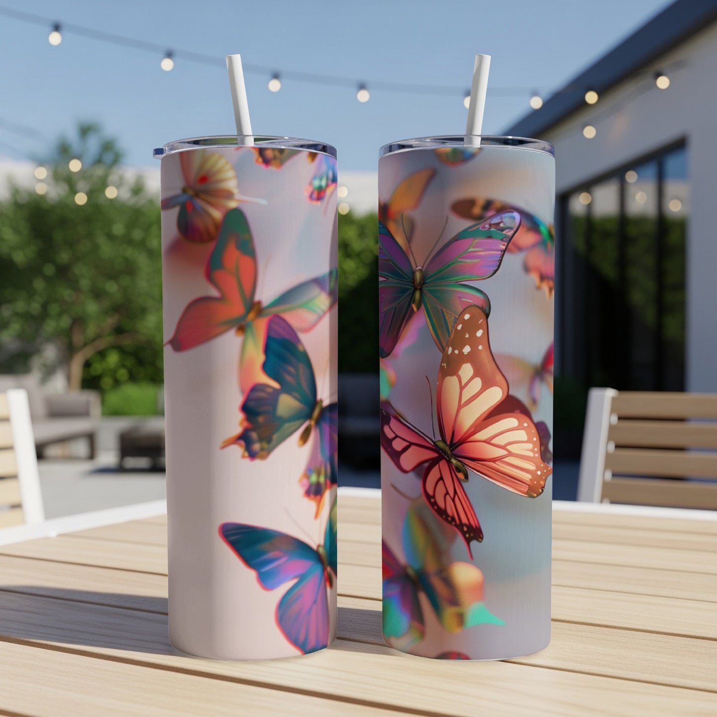Two tall tumblers featuring colorful, iridescent butterflies with straws.