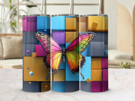 Colorful butterfly on a tumbler with a 3D cube background.