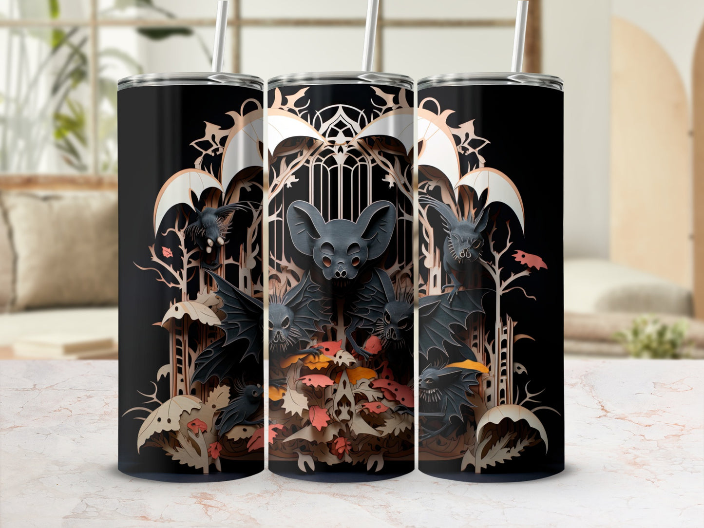 Three tumblers featuring a black background with a detailed gothic bat and foliage design.