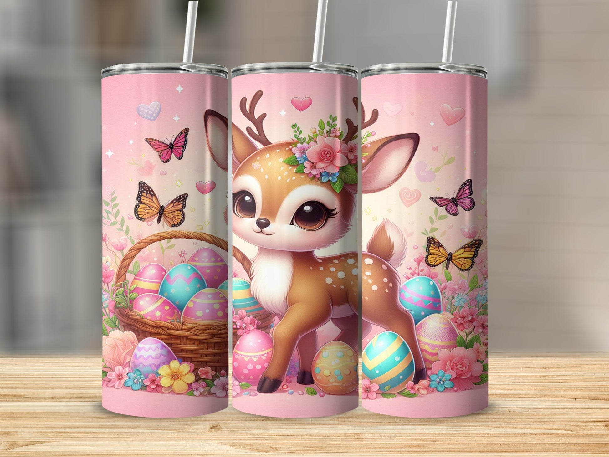 Cute deer with Easter eggs and flowers on a pink background.