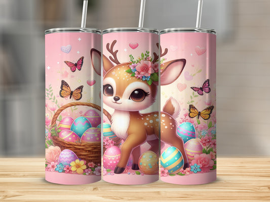 Cute deer with Easter eggs and flowers on a pink background.